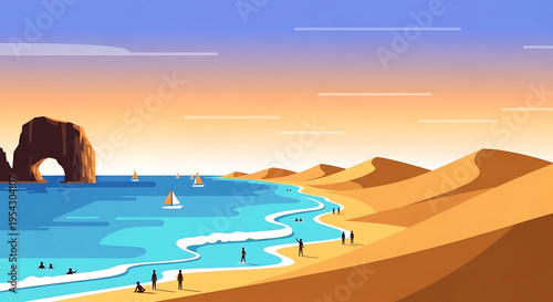 A serene beach scene with sailboats and people enjoying the sunset near sand dunes and a rock arch.