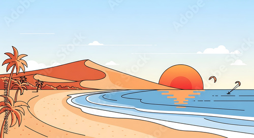A vibrant beach scene at sunset with palm trees and people enjoying water sports in a colorful vector illustration.