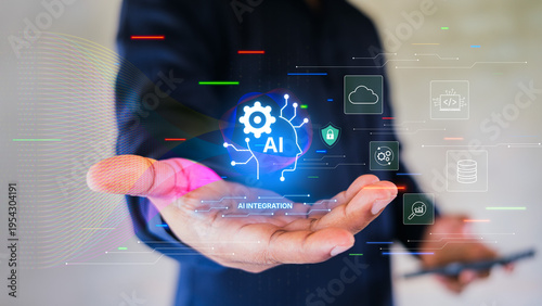 AI integration system connecting data, cloud, automation, API, and analytics through a central AI core, futuristic glowing circuit lines, Holographic UI overlay for business and technology solutions