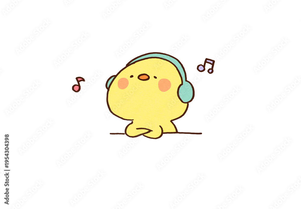 Obraz premium Cute chick listening to music with headphones and relaxing, mental health and chill concept