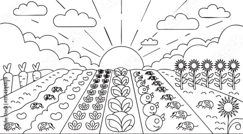 Black and white line art illustration of a vegetable garden at sunrise