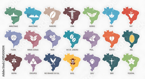 A colorful vector graphic illustration of Brazil's states with unique icons and symbols