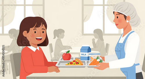 A cartoon illustration of a school cafeteria worker serving a happy student a tray of food and milk.
