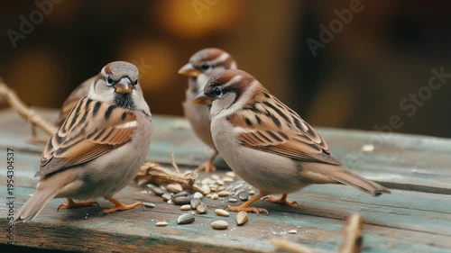 Three Sparrows Eating Seeds on Table.