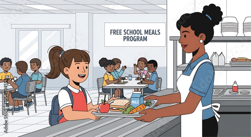 A smiling schoolgirl receives a nutritious meal from a cafeteria worker in a modern school cafeteria with a free school meals program