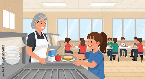A cafeteria worker serving a happy schoolgirl in a bustling school cafeteria with students eating at tables
