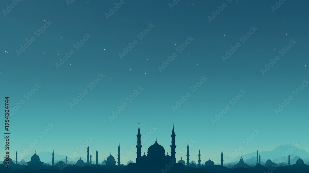 Fototapeta premium Minimal Mosque Skyline on Teal Night Sky Islamic Background