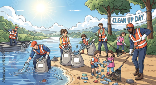A group of people wearing orange vests participate in a community clean up day near a body of water