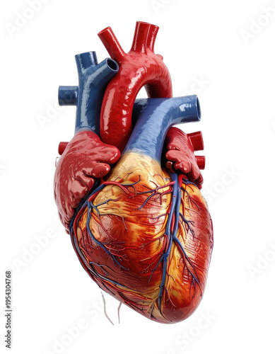 Detailed 3D rendering of a human heart with visible arteries and veins against a black background.