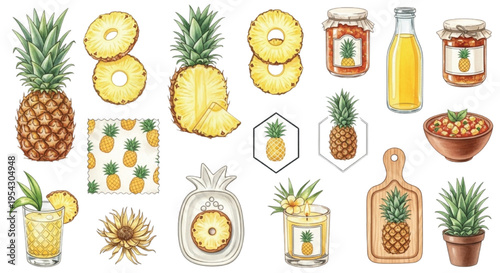 Watercolor Pineapple Set, Tropical Fruit Slices Drinks Jam and Decorative Elements Collection Isolated