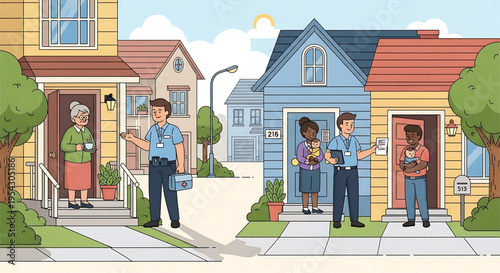 A vector graphic illustration of police officers interacting with people in a suburban neighborhood.