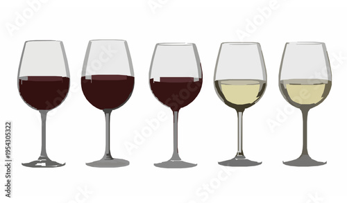 Realistic red and white wine glasses vector set with detailed transparent glass reflections isolated on white background