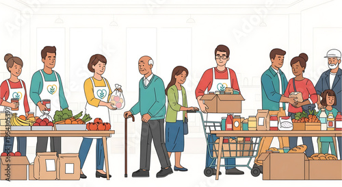 A diverse group of people volunteering and donating food at a community food bank or pantry
