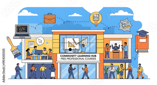 A vibrant illustration of a community learning hub with people engaging in various educational activities