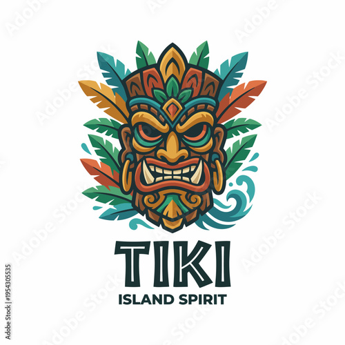 A colorful tiki mask adorned with feathers and natural elements, capturing the essence of island culture, perfect for tropical-themed businesses or events.