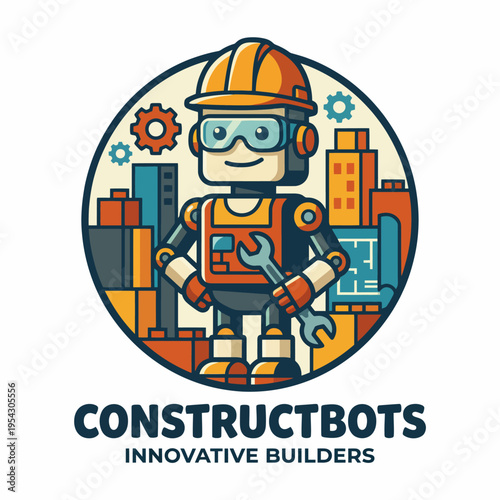 A friendly robot logo equipped with tools, representing innovative construction services. It effectively mixes technology and craftsmanship in an engaging manner.