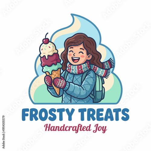 This heartwarming image showcases a young girl bundled in winter attire, joyfully holding a colorful ice cream cone, beautifully blending warmth and coolness in a fun cheerful setting.