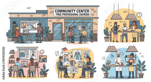 A vibrant community center offering free professional courses and training programs for people of all ages and backgrounds.