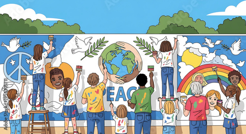 A diverse group of children and adults painting a vibrant mural promoting peace and unity.
