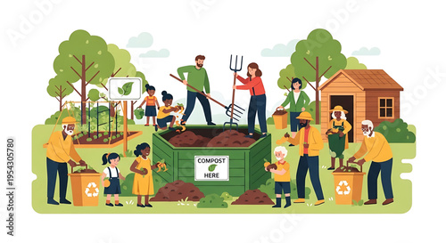 A group of people of different ages working together to compost in a community garden setting with a green bin and recycling boxes.