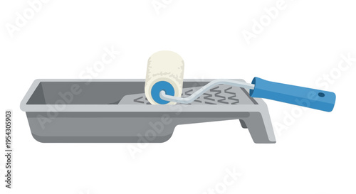 A white paint roller with a blue handle rests in a gray paint tray, ready for use in home improvement or DIY projects
