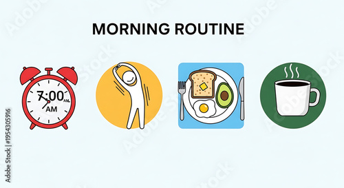 A vector graphic illustration of a morning routine featuring icons for alarm clock, stretching, breakfast, and coffee.