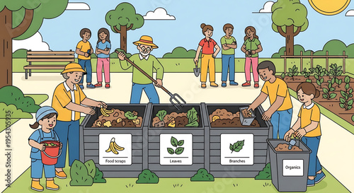 A group of people composting food scraps and organic materials in a community garden setting.