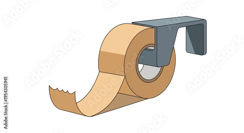 An essential crafting and DIY tool, a roll of brown masking tape with a torn edge sits on a simple gray dispenser, ready for various projects and temporary adhesion needs in homes and offices