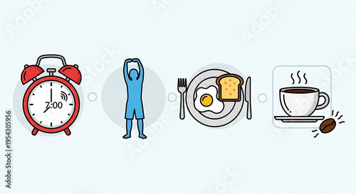 A vector graphic illustration depicting a morning routine with a red alarm clock, a person stretching, a plate of breakfast food, and a steaming cup of coffee.