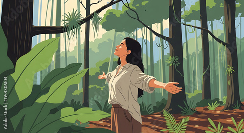 A woman stands in a serene forest with her arms outstretched, surrounded by lush greenery and tall trees.