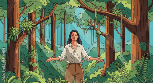 A woman stands in a vibrant forest surrounded by tall trees and lush greenery with her arms outstretched in a gesture of wonder or welcome.