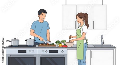 A cartoon illustration of a man and woman cooking together in a modern kitchen