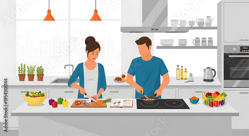 A modern couple cooking together in a bright and clean kitchen with various ingredients and appliances