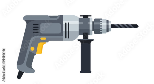 A Realistic Illustration of a Gray Power Drill with a Black Handle and a Drill Bit, Set Against a White Background