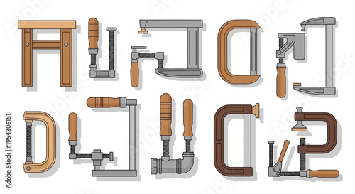 Collection of various types of clamps used in woodworking and construction, arranged in alphabetical order to form letters