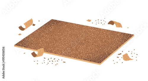 A realistic illustration of a cork board with wood shavings scattered around it, representing a workshop or crafting space