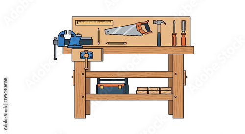 Illustration of a wooden workbench with tools and a vise, ready for woodworking projects and DIY tasks
