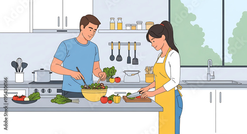 A couple preparing a healthy meal together in a modern kitchen with a minimalist design