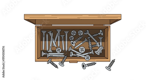A high-angle view of an open wooden toolbox filled with various screws and fasteners, some scattered outside