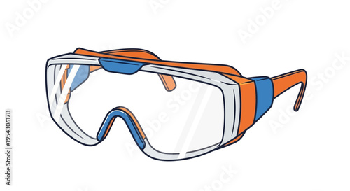 Illustration of protective safety goggles with clear lenses and orange and white straps