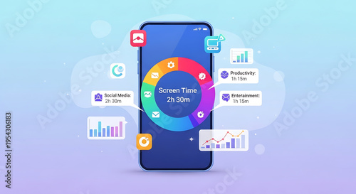 A smartphone screen displaying a colorful screen time tracker with various app icons and statistics floating around it
