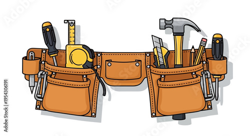 A detailed vector illustration of a classic leather tool belt packed with essential hand tools, representing readiness for construction, repair, and skilled craftsmanship for any project