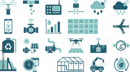 Collection of smart agriculture technology icons representing modern precision irrigation and farm automation systems.