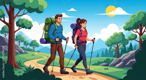 A cartoon illustration of a man and woman hiking together in a scenic outdoor environment with mountains and trees.