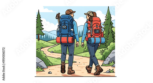 A colorful vector illustration of a couple hiking in the mountains with backpacks and trekking poles