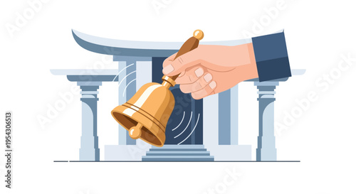 Hand ringing a classic golden bell against a formal building backdrop, representing an important announcement, call to attention, start or end of school, or a summon to order and justice