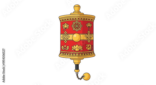Buddhist prayer wheel with Tibetan Buddhist symbols and mantra designs for spiritual practices and meditation