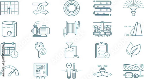 Collection of line icons representing various water management, irrigation, and fluid control systems.
