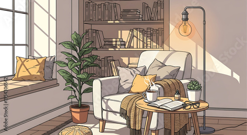 A cozy living room with a comfortable armchair and a small table, perfect for relaxation and reading in a peaceful atmosphere.