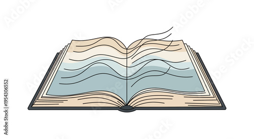 An open book with pages appearing as flowing water, symbolizing imagination and creativity, knowledge, learning, and discovery